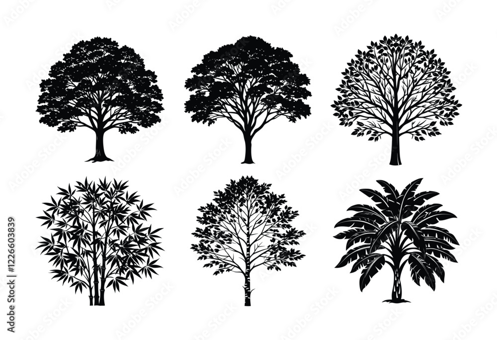 Obraz premium A Bundle Of Black Tree Silhouette On White Background. Tree Isolated Background. Black Tree Without Background. Ai Generated.