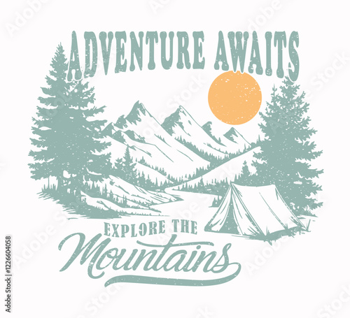 Adventure at the mountain graphic artwork for t shirt and others. Mountain with tree retro vintage print design. 'Explore the great outdoors' For t-shirt prints, posters, stickers and other uses.