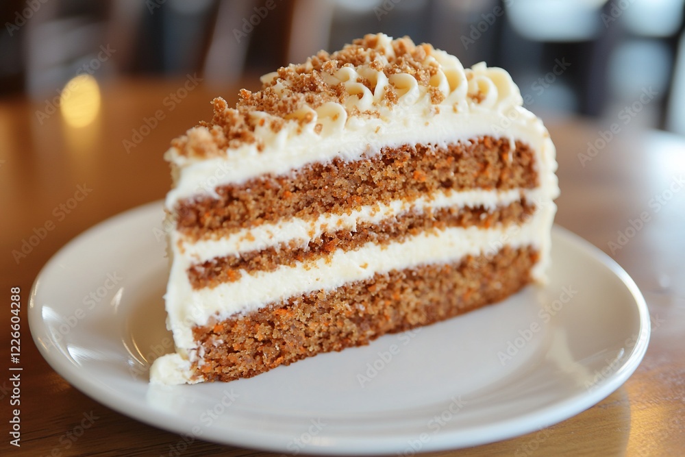 A delectable slice of layered carrot cake with cream cheese frosting on a white plate in a cozy caf? A delectable slice of layered carrot cake with cream cheese frosting on a white plate in a cozy caf?