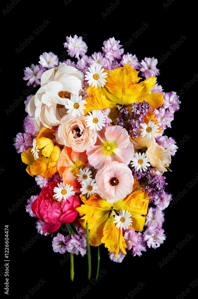 Fototapeta premium A close-up photograph of a vibrant and dynamic arrangement of various colorful flowers, including daisies, poppies, ranunculus, and more, creating a stunning display against a dark background.