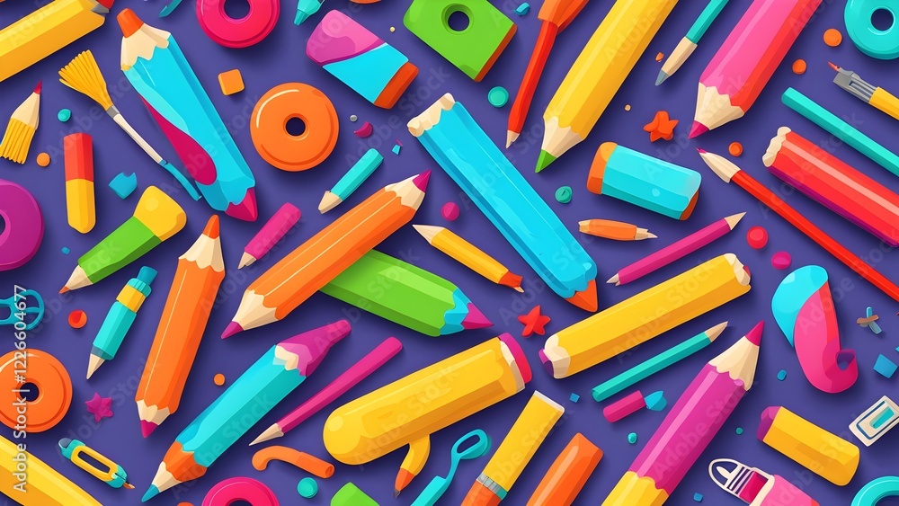Colorful flat lay pattern of pencils, crayons, erasers, and other art supplies on a purple background. Colorful flat lay pattern of pencils, crayons, erasers, and other art supplies on a purple background.