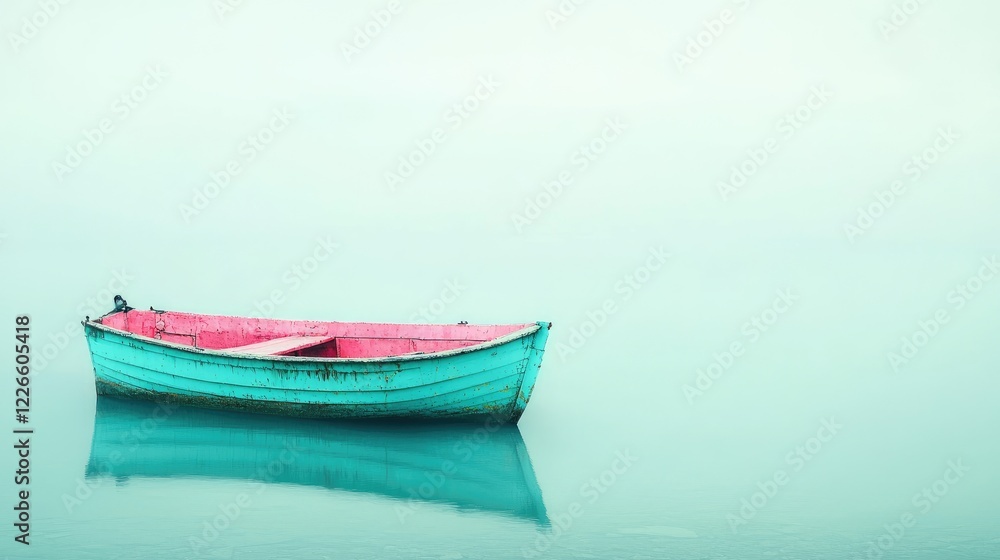 Serene teal rowboat on misty lake, calm water reflection, peaceful scene Serene teal rowboat on misty lake, calm water reflection, peaceful scene