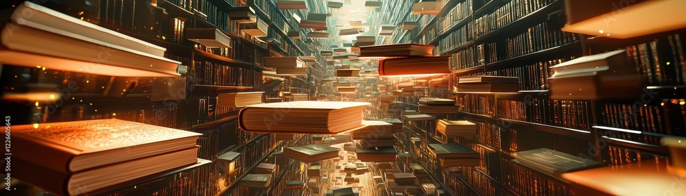 Fototapeta premium An enchanting library scene with floating books, creating a surreal atmosphere that evokes the magic of reading and imagination in a vast space.