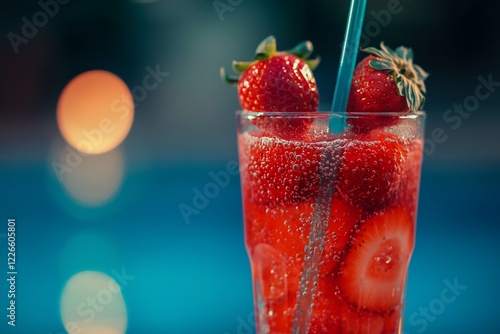 Refreshing strawberry soda with bubbles in a glass, set against a blurred blue background photo