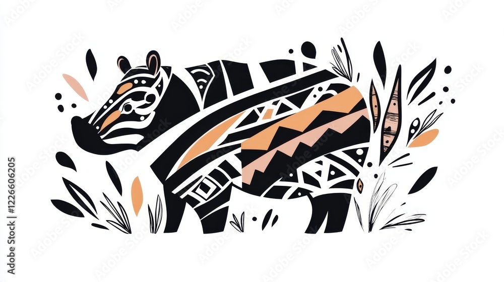 Fototapeta premium Artistic illustration of a decorated hippopotamus nature scene digital artwork creative environment