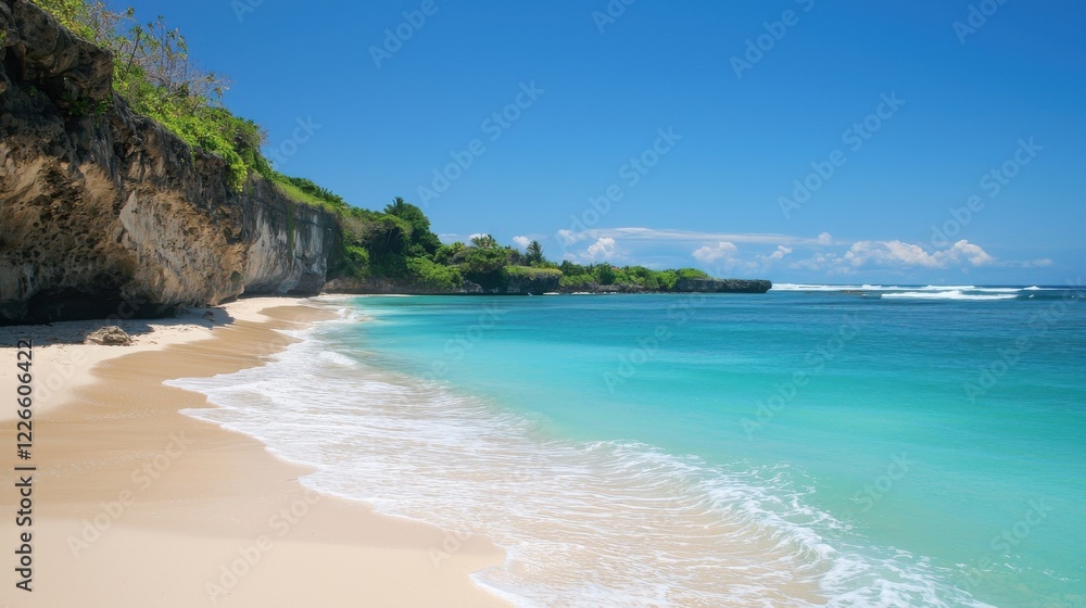 Obraz premium Explore a serene tropical beach with golden sands, crystal-clear turquoise waters, and lush green cliffs under a bright blue sky, perfect for relaxation.
