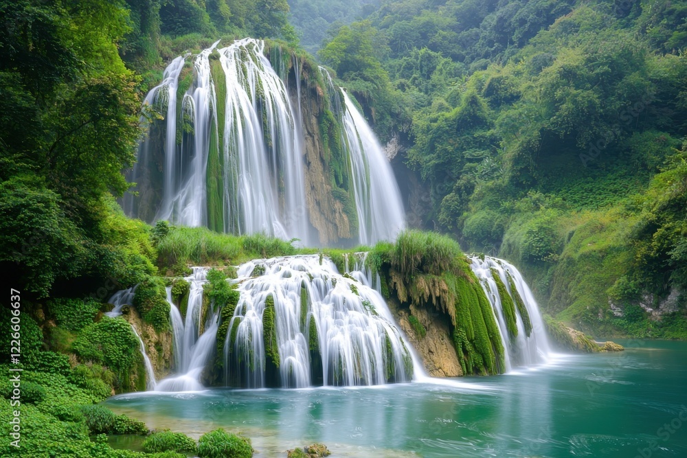 Fototapeta premium Stunning waterfall cascading through lush greenery, surrounded by a tranquil body of water, creating a serene and breathtaking natural environment.