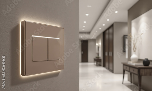 A luxury wall-mounted smart light switch with a mocha mousse frame and a glossy glass-like finish, featuring a soft LED
