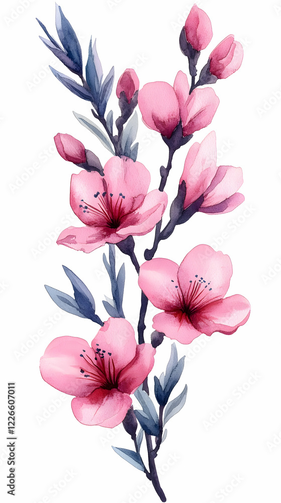Fototapeta premium Pink blossom branch, watercolor, spring, white background, design