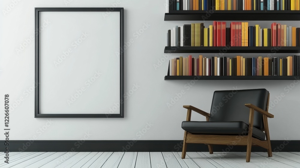 Modern Living Room with Empty Frame and Colorful Bookshelves Modern Living Room with Empty Frame and Colorful Bookshelves