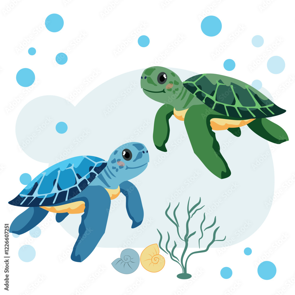 Fototapeta premium Sea turtles are cute vector characters, blue and green.