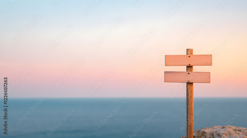 A rugged wooden signpost with blank signs points in different directions on a quiet seaside cliff. The vast ocean below shimmers in the last light of the day, while a few scattered clouds catch the A rugged wooden signpost with blank signs points in different directions on a quiet seaside cliff. The vast ocean below shimmers in the last light of the day, while a few scattered clouds catch the
