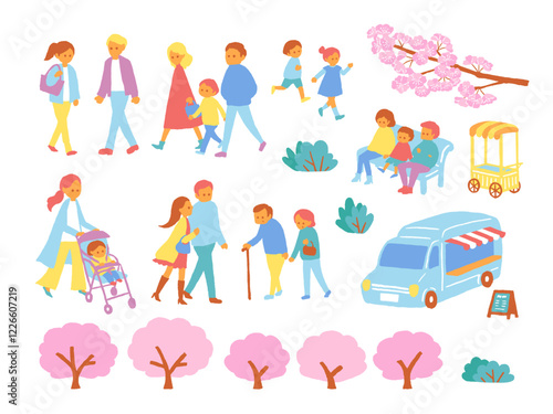 illustration set of people going out in spring