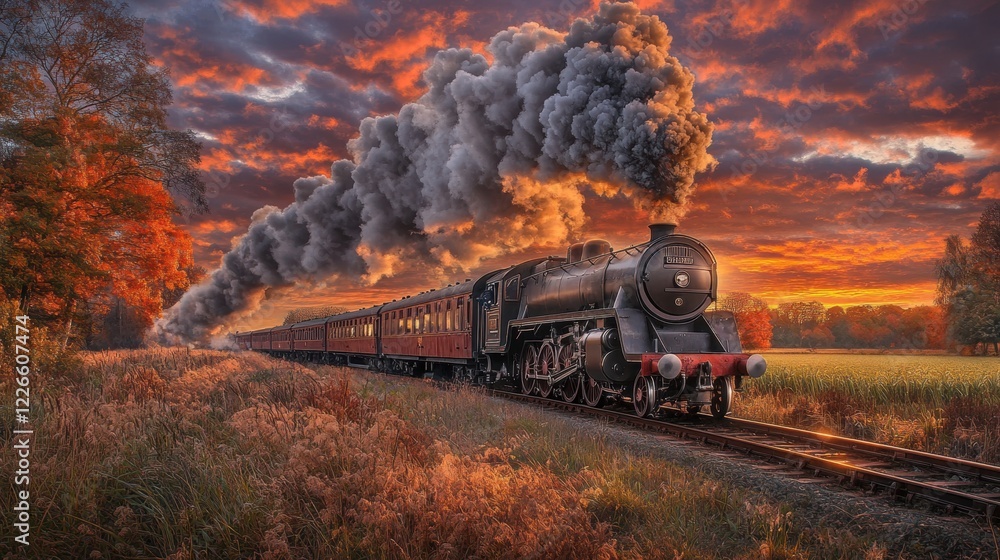 Obraz premium Vintage Steam Train Travelling Through Autumn Landscape at Sunset