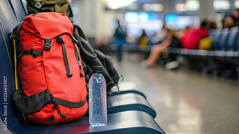 Obraz premium A backup water stick placed beside a traveler backpack in an airport lounge, ready for a journey.