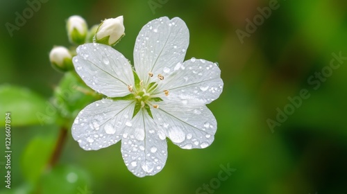 A beautiful flower with transparent water droplets on its delicate petals, set against a blurred nature background.
