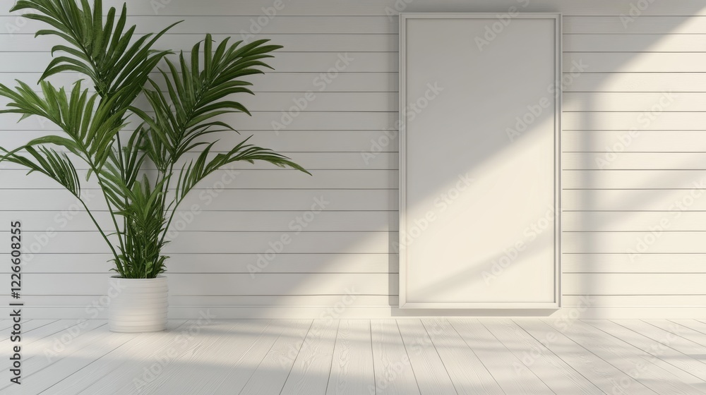 Bright Indoor Space with Green Plant and Blank Frame on Wall Bright Indoor Space with Green Plant and Blank Frame on Wall