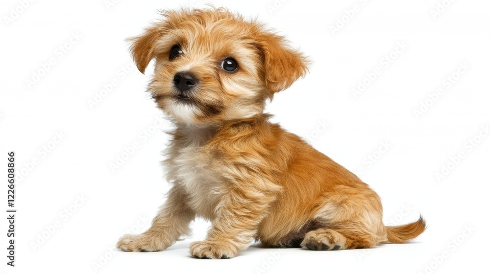 Adorable Small Puppy with Soft Fur Sitting on White Background Adorable Small Puppy with Soft Fur Sitting on White Background