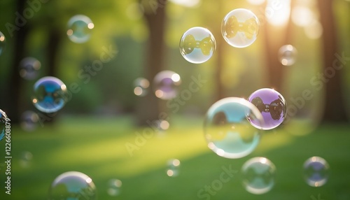 Wallpaper Mural Floating soap bubbles in a sunlit park with green grass. Torontodigital.ca