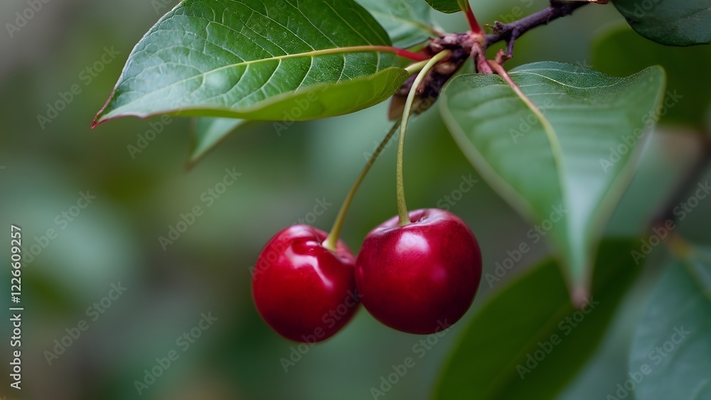 Close-Up of Red Cherries Hanging from a Tree with Lush Green Leaves Close-Up of Red Cherries Hanging from a Tree with Lush Green Leaves