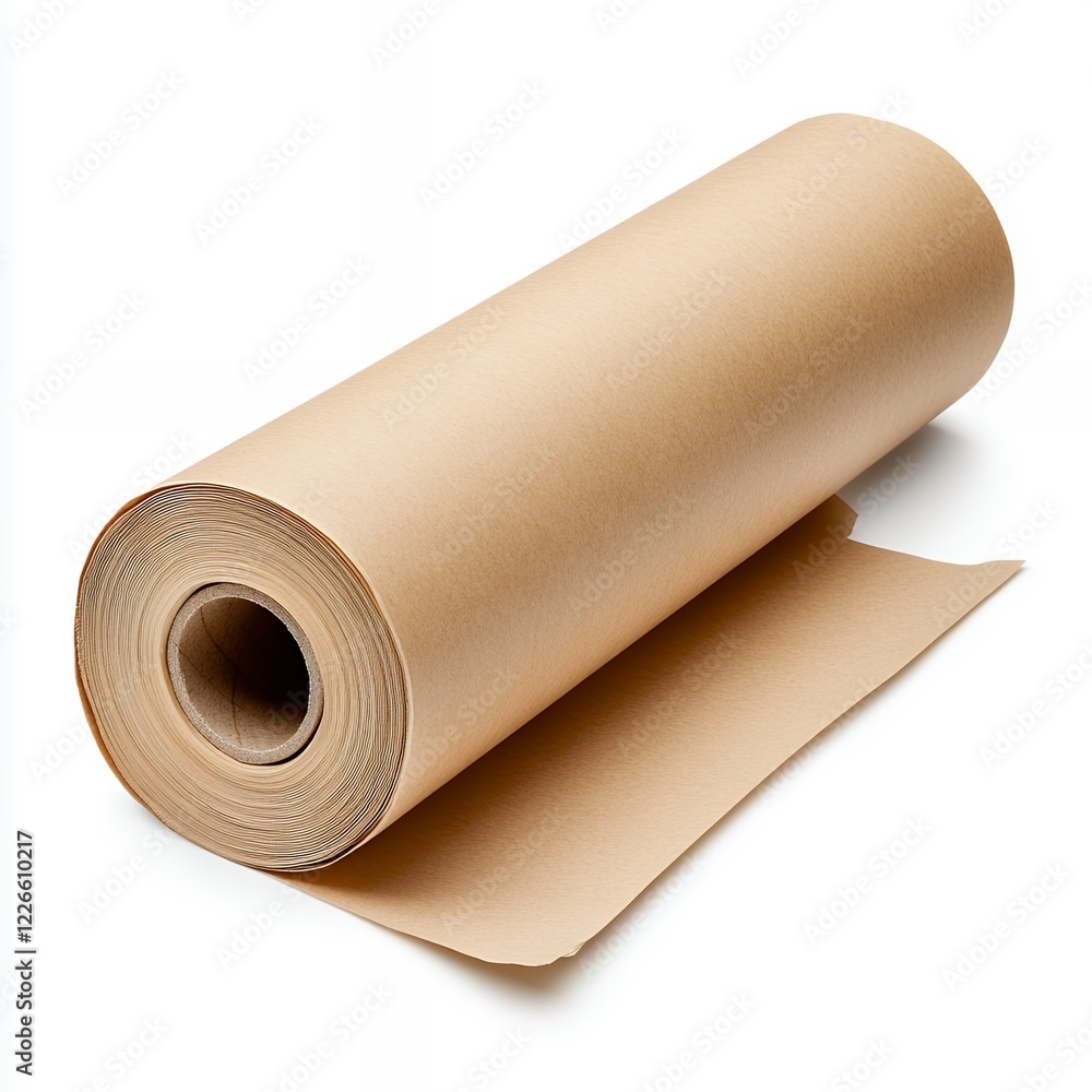 Large Roll of Unrolled Brown Kraft Paper on White Background, Studio Shot Large Roll of Unrolled Brown Kraft Paper on White Background, Studio Shot