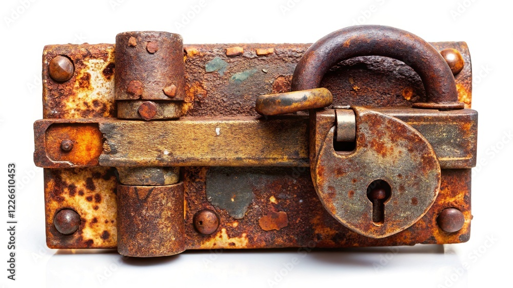 Rustic Old Garage Lock on White Background: Architectural Detail Stock Photo Rustic Old Garage Lock on White Background: Architectural Detail Stock Photo
