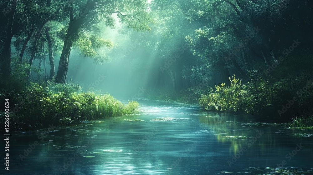 Fototapeta premium A tranquil river flowing through a forest representing serenity, with gentle currents and soft light, inviting peace and mindfulness