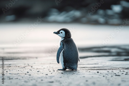 A solitary penguin walking on a sandy beach during twilight, with a blurred icy landscape in the background