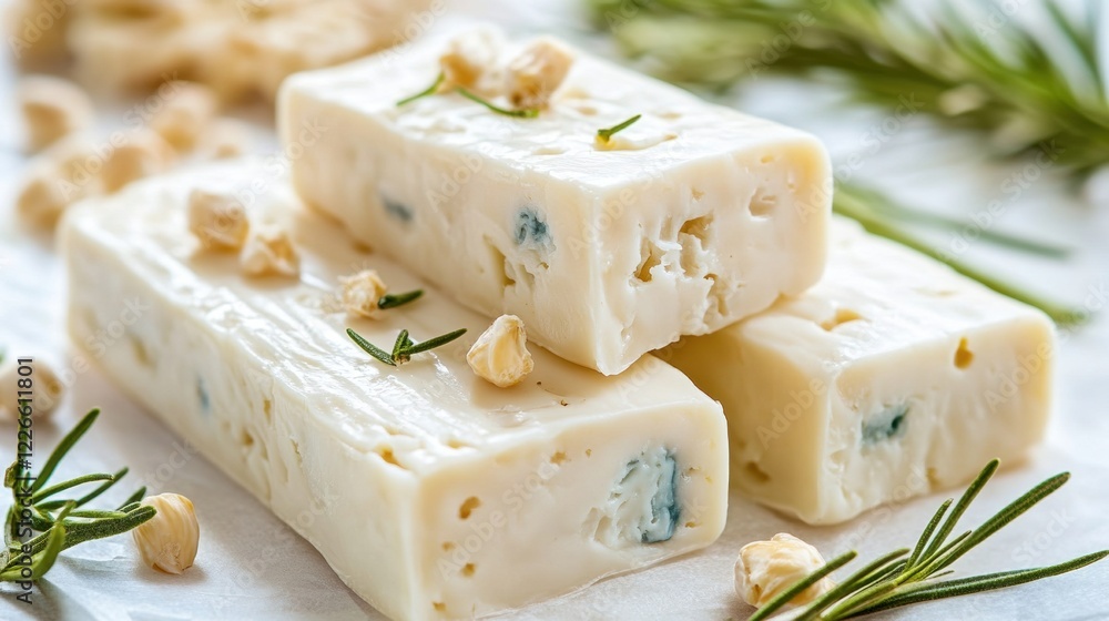 Fresh Creamy Cheese Blocks with Nuts and Herbs on White Background Fresh Creamy Cheese Blocks with Nuts and Herbs on White Background