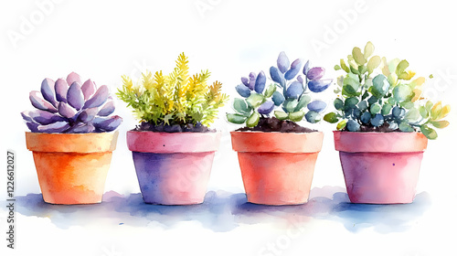 Wallpaper Mural Watercolor succulents, pots, garden, white background, home decor Torontodigital.ca