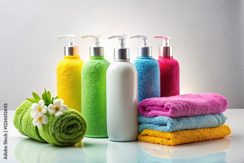 Spa Day Essentials: Shampoo Bottles & Towels on White Background Spa Day Essentials: Shampoo Bottles & Towels on White Background
