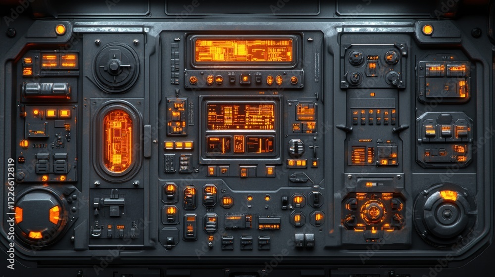 Futuristic Control Panel with Glowing Orange Elements and Details Futuristic Control Panel with Glowing Orange Elements and Details