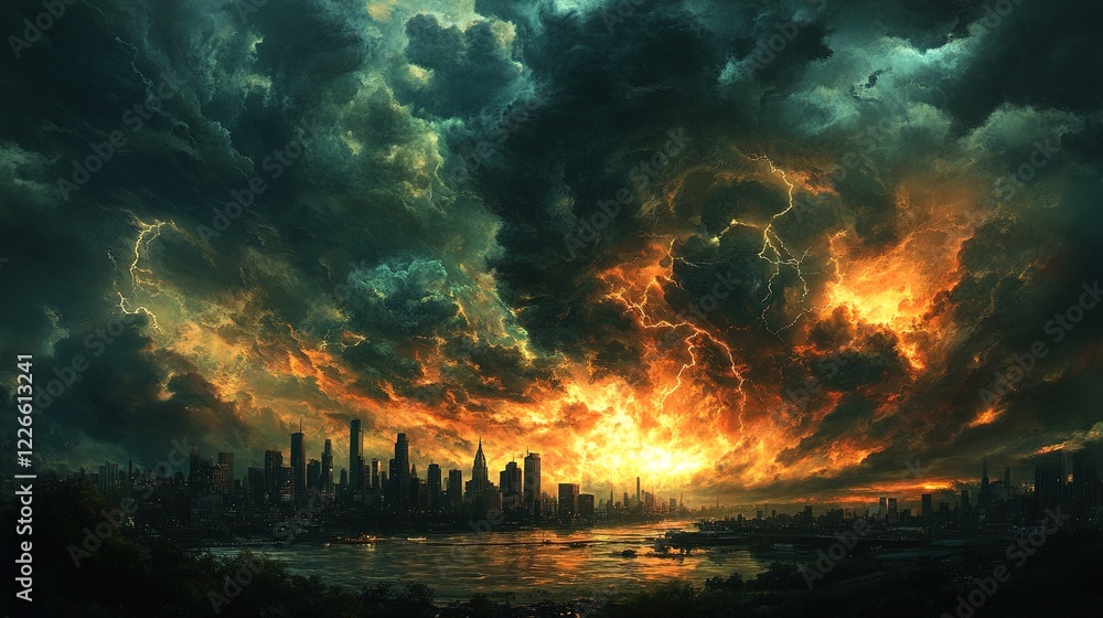 A stormy sky over a cityscape symbolizing inner turmoil, with dark clouds and lightning, capturing the intensity of emotional struggle A stormy sky over a cityscape symbolizing inner turmoil, with dark clouds and lightning, capturing the intensity of emotional struggle