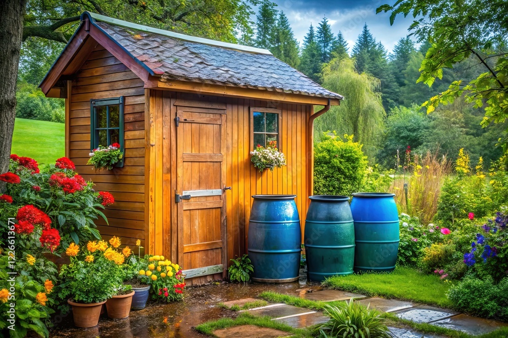 Naklejka premium Sustainable Gardening: Rain Barrel Water Harvesting System for Garden Shed