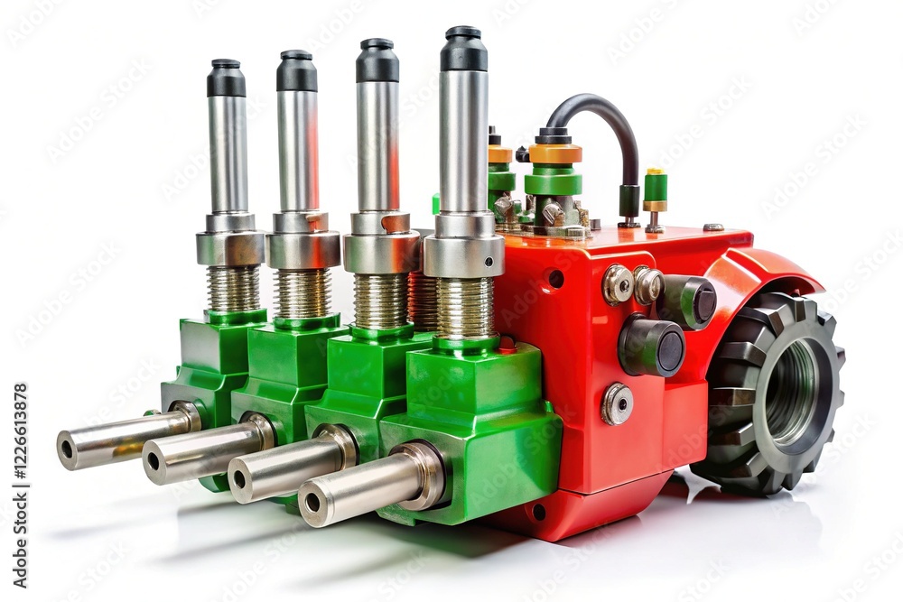 Tractor Hydraulic Distributor: Three-Section Valve, Isolated on White Background Tractor Hydraulic Distributor: Three-Section Valve, Isolated on White Background
