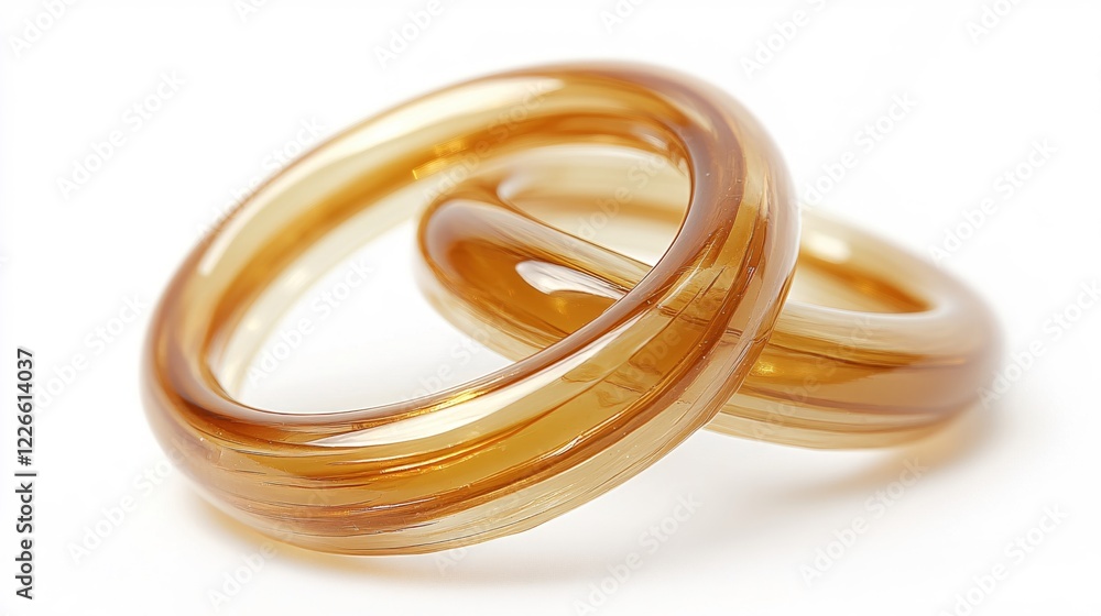 Intertwined amber glass rings on white background creating an abstract modern design Intertwined amber glass rings on white background creating an abstract modern design