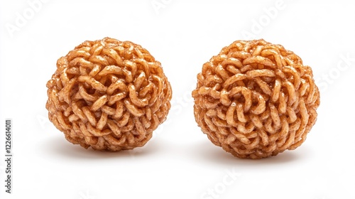 Two delicious sweet fried noodle balls on a white background ready to be eaten for dessert