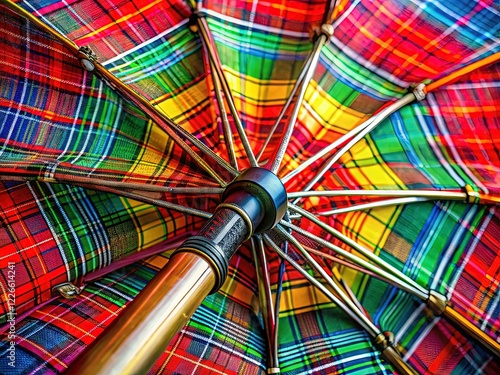 Vibrant Close-up of a Tartan Umbrella's Central Pole, Detailed Texture and Pattern photo