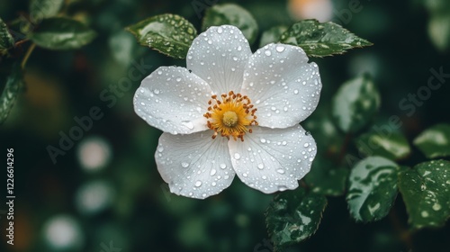 A delicate white flower with dew drops on its petals, set against a blurred natural background of leaves and greenery.