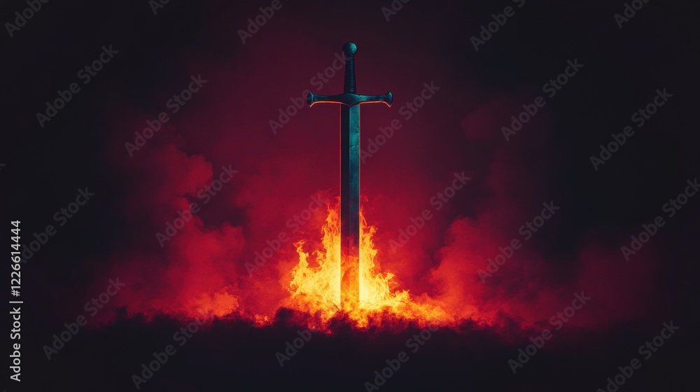 Naklejka premium Majestic Sword Erupting from Fiery Flames in Dark Atmosphere