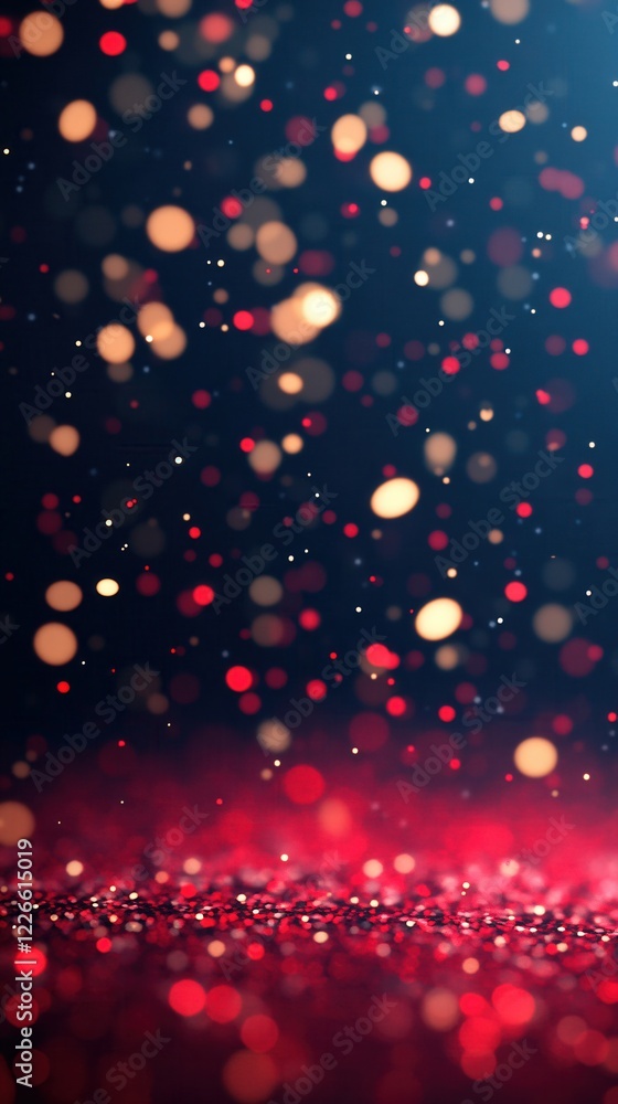 Abstract red and orange bokeh lights on dark blue background with glittery red floor