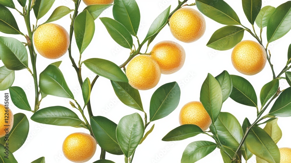 Fresh Citrus Fruits on Branches with Green Leaves and White Background Fresh Citrus Fruits on Branches with Green Leaves and White Background