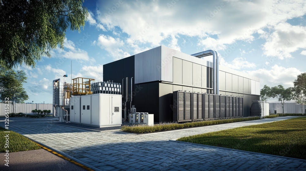 Factory yard featuring a modern backup generator unit, blending industrial strength with energy efficiency. Factory yard featuring a modern backup generator unit, blending industrial strength with energy efficiency.