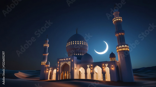 A mosque stands majestically at night, softly lit by the light of a crescent moon photo