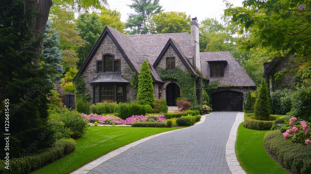 A driveway leading to two twin houses, with each house having a unique front garden while maintaining architectural harmony. A driveway leading to two twin houses, with each house having a unique front garden while maintaining architectural harmony.