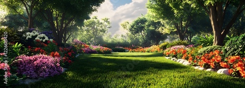 A peaceful garden with colorful flowers, grass, and a bright sky