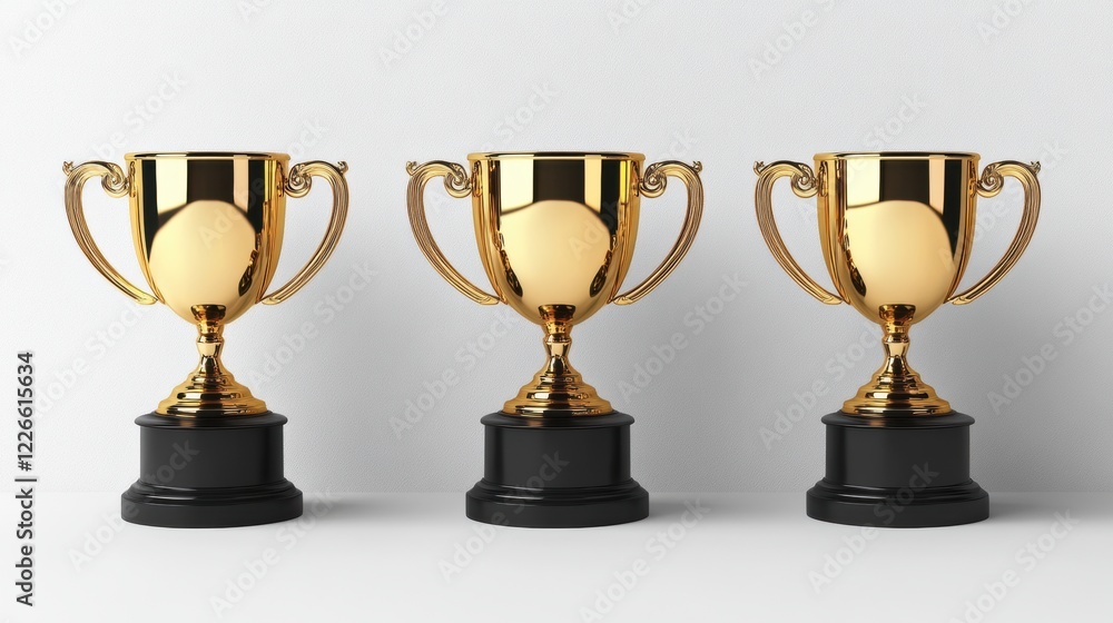 Three Elegant Gold Trophies on Simple Background for Celebration Three Elegant Gold Trophies on Simple Background for Celebration