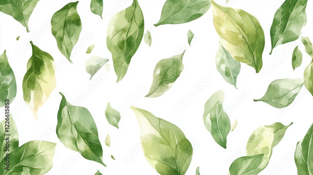 Beautiful Green Leaves Falling in Watercolor Style on White Background Beautiful Green Leaves Falling in Watercolor Style on White Background