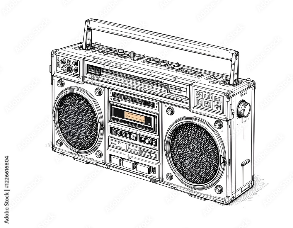 Obraz premium technical drawing schematic illustration of a vintage fictional unbranded radio, cassette player, ghetto blaster, boombox. line art, mechanical drawing, engineering sketch, vintage sound, retro music