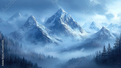 Wallpaper Mural A misty mountain range symbolizing contemplation, with fog enveloping the peaks, creating a sense of mystery and deep thought  Torontodigital.ca